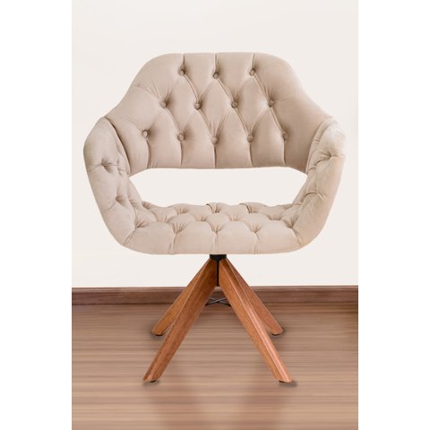 Poltrona Decorativa Sput Pé Giratório de Madeira Capitonê Cor:bege