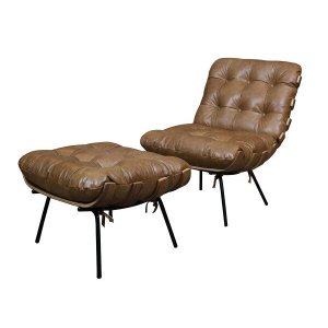 Poltrona com Puff de Couro Costela - Soft Brown - Mempra