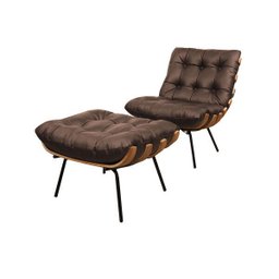 Poltrona com Puff de Couro Costela - Marrom - Mempra - 1