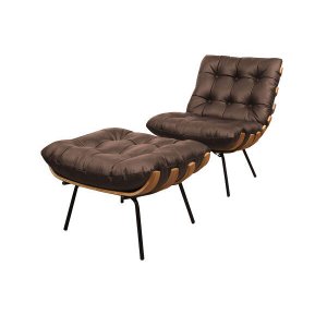 Poltrona com Puff de Couro Costela - Marrom - Mempra
