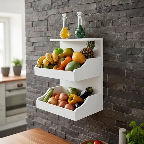 Fruteira Suspensa de Parede com Painel Porta Legumes Cozinha em Madeira Branco Laca