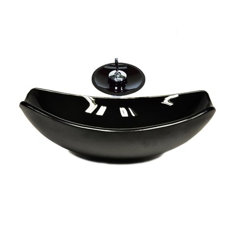 CUBA DE VIDRO OVAL CHANFRADA 51CM PRETA + VALVULA + TORNEIRA CASCATA