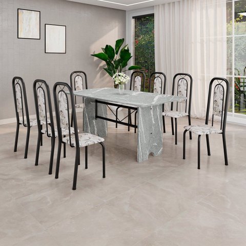 Conjunto Sala de Jantar com 8 Cadeiras Lara Preto/Arabesco
