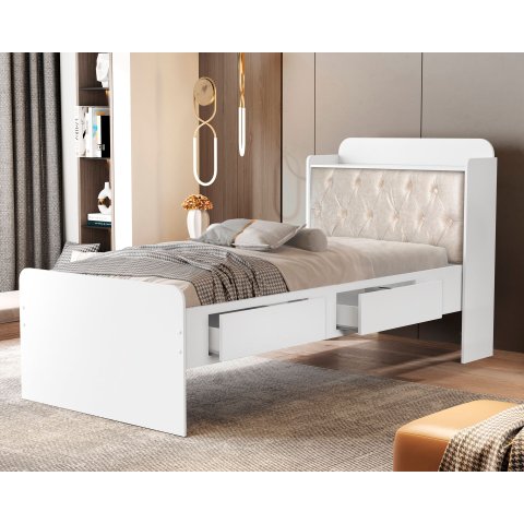 Cama de Solteiro Tamires Branco de Mdf com Cabeceira Estofado Gavetas Prateleiras e Baú