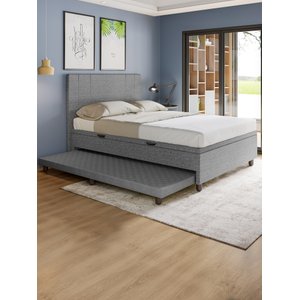 Base Cama Baú Casal com Cama Auxiliar C/colchão Conjugado Linho Cinza - Skybox