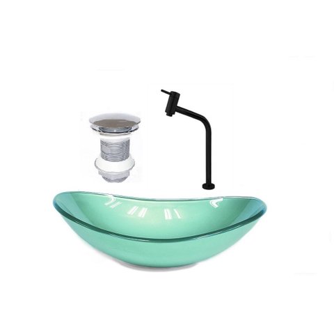 CUBA DE VIDRO OVAL 55CM VERDE + VALVULA + TORNEIRA PRETA