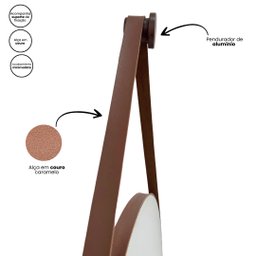 Espelho Redondo Adnet 45cm Moldura e Alça Couro Caramelo + Suporte - 2