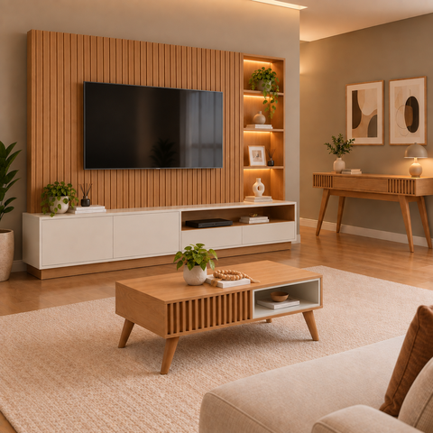 Conjunto Sala de Estar 3 Pelas com Estante para TV Ripado Cancun, Mesa de Centro e Aparador Marrom