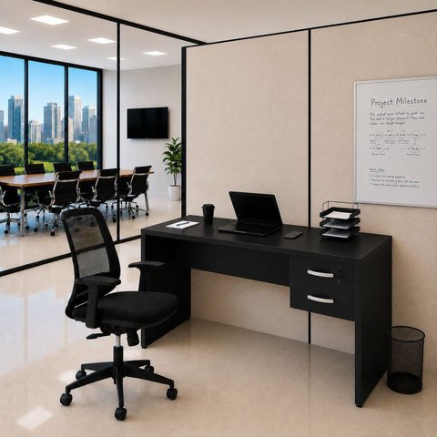 Conjunto Mesa de Escritório 140x60cm com 2 Gavetas + Cadeira Netflex Ergonômica Premium Reclinável