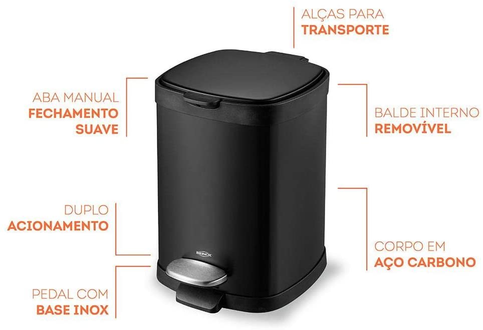 Lixeira Frame C/ Pedal 20l em Aço Carbono Preto Brinox 3066/100 - 6