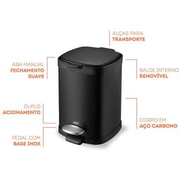 Lixeira com Pedal Brinox Frame 6 Litros em Aço Carbono Preto - 6
