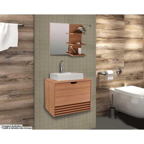 Conjunto de Banheiro Armário C/ Espelho Bn3608 e Balcão Suspenso Bn3613 S/ Cuba Pia 60cm Cor Amê
