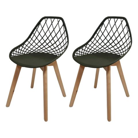 Conjunto 2 Cadeiras Kaila Verde Musgo em Polipropileno com Base Wood para Sala de Jantar e Cozinha