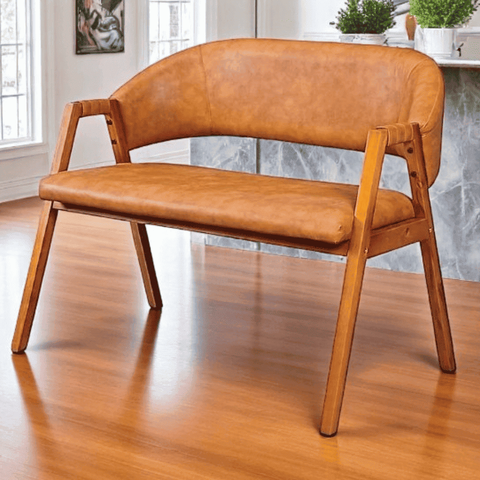 Cadeira Namoradeira de Madeira Maciça Dora Encosto e Assento Estofados Couríssimo Ocre- Mabe Magazin