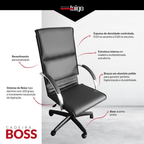 Cadeira Escritório Boss Presidente Giratória Preta  Reclínio Rodas Nylon 100% Nacional