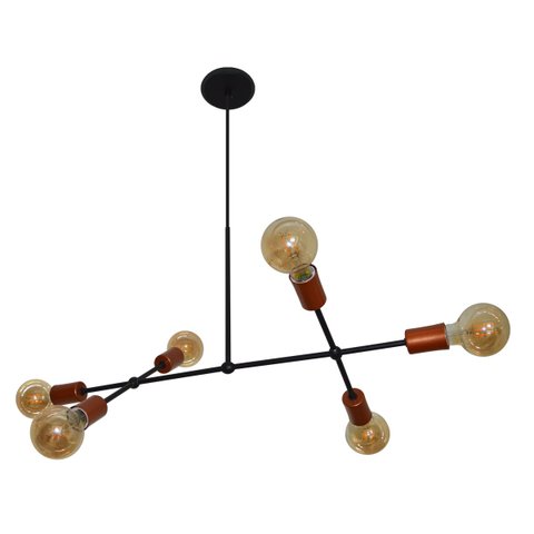 Lustre Pendente com 6 Braços (hastes) - Ideal para Mesa de Jantar Retangular Cor Preto com Cobre