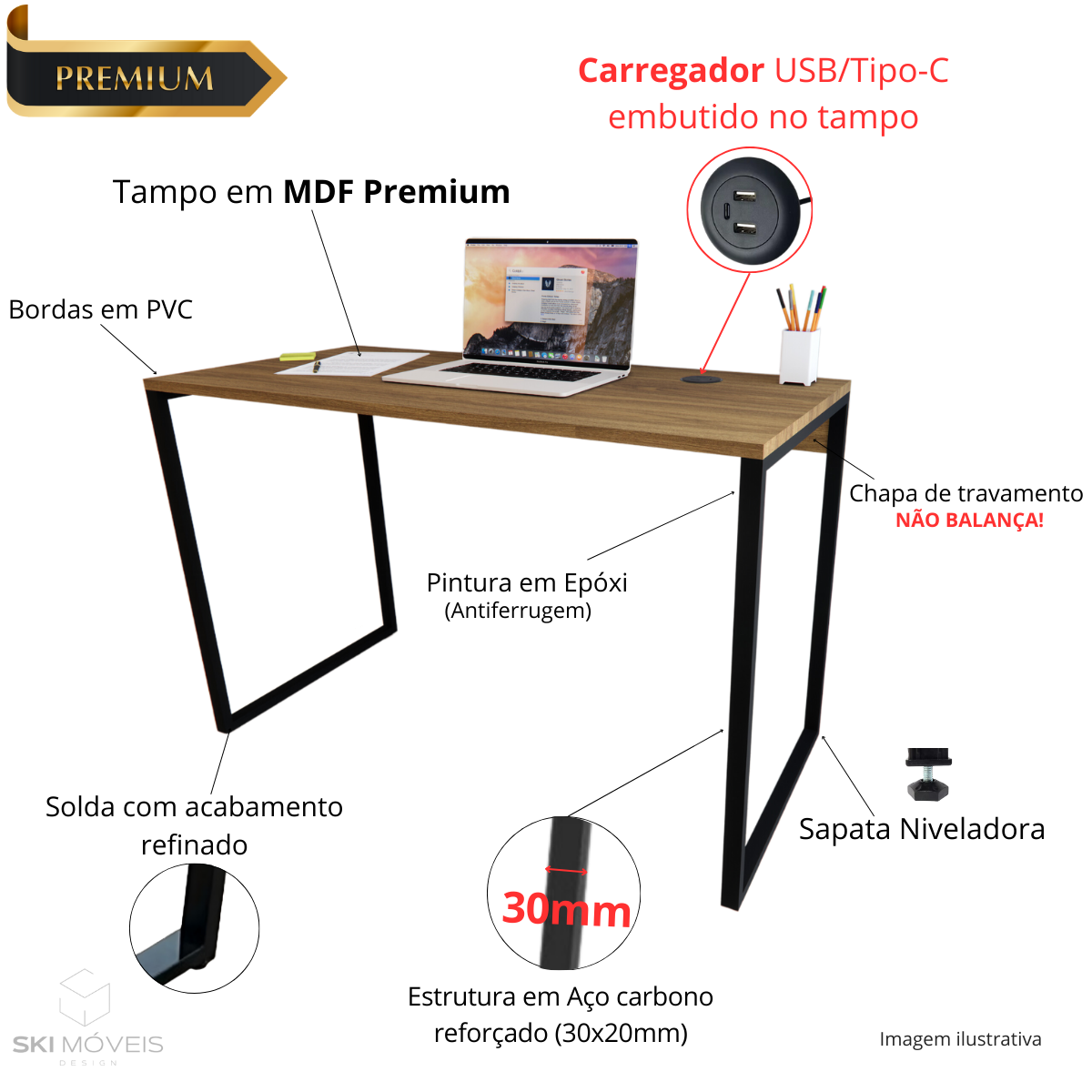 Mesa Escrivaninha Home Office Estilo Industrial 100% Mdf com Usb/tipo-c Embutido:preto Tx - 11