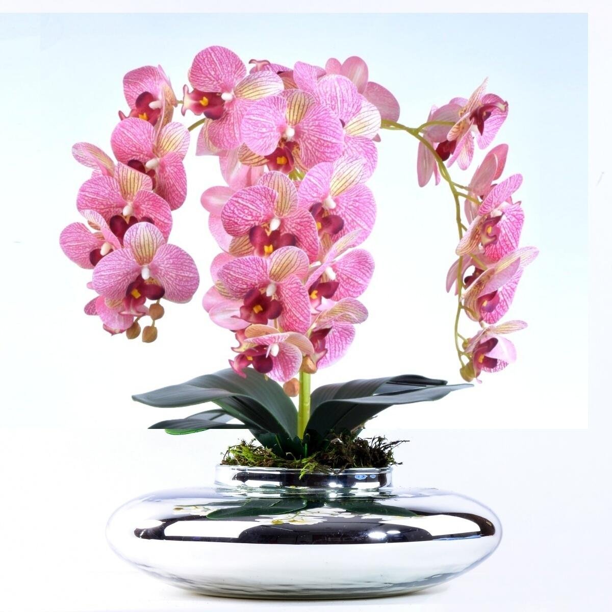 Arranjo 4 Orquídeas Artificiais Rosa em Terrário Prata Yasmin - 1