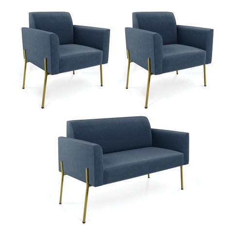 Sofá Namoradeira e 2 Poltronas Pé de Ferro Dourado Marisa Suede D03 - D'Rossi Azul Marinho