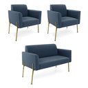 Ver imagem 1 de Sofá Namoradeira e 2 Poltronas Pé de Ferro Dourado Marisa Suede D03 - D'Rossi Azul Marinho