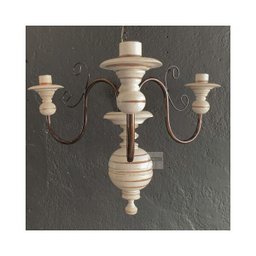 Lustre Luminária Madeira Torneada Branca e Ferro de Teto Rústico Decoração 3 Lâmpadas - 1