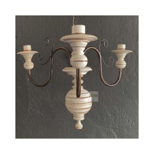 Lustre Luminária Madeira Torneada Branca e Ferro de Teto Rústico Decoração 3 Lâmpadas