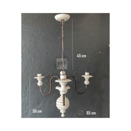 Lustre Luminária Madeira Torneada Branca e Ferro de Teto Rústico Decoração 3 Lâmpadas - 2
