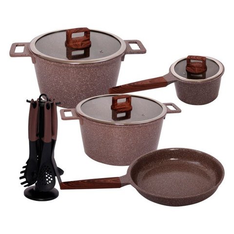 Jogo Panelas Indução Antiaderente Revestimento Mármore 16 Peças Marrom