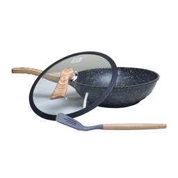 Panela Wok Indução Antiaderente Revestimento Mármore 30cm Preta - 2