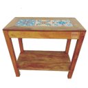 Ver imagem 1 de mesa aparador madeira de demolição rustico com prateleira ladrilho hidráulico 80x80x40 cm