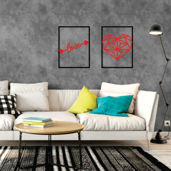 Kit Quadro Decorativo Love Coração Vermelho Alto Brilho - 2