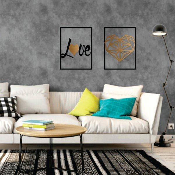 Kit Quadro Decorativo Love S2 Coração Bronze Escovado - 2