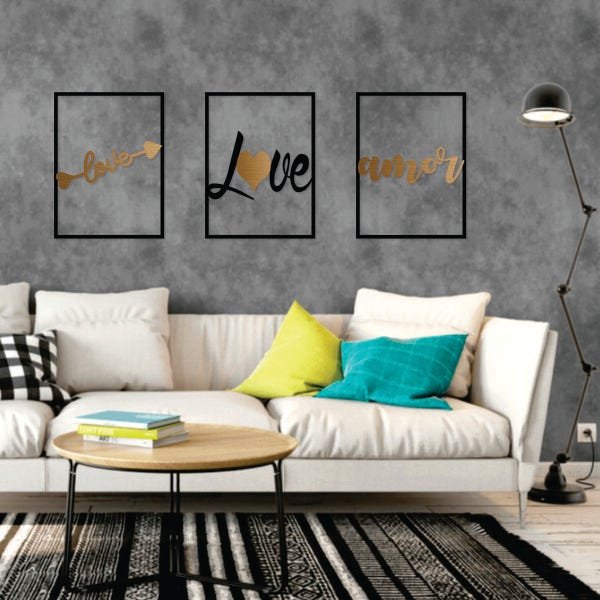 Kit Quadro Decorativo Cupido Amor Love Bronze Escovado - 2