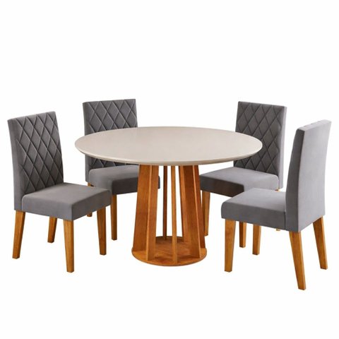 Mesa de Jantar 4 Lugares Kalen com Vidro Mel/Off White/Cinza - Viero Móveis