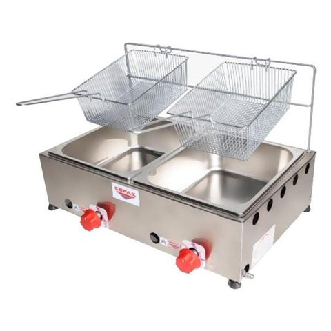 Fritadeira Industrial 2 Cubas Inox 5 Litros À Gás Profissional Salgado Porções Pastéis Baixa Pressão