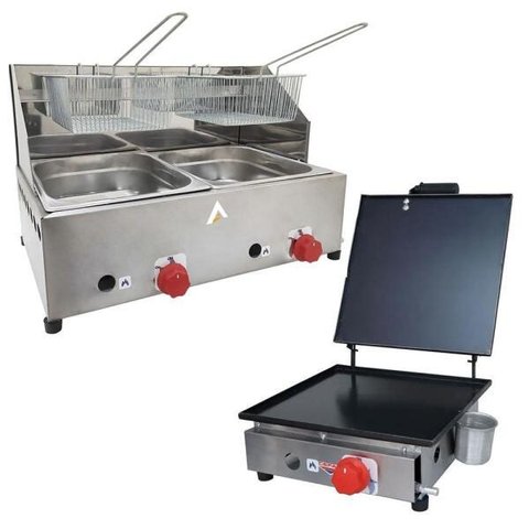 Kit Lanchonete Chapa 30cm com Prensa e Fritadeira Profissional 2 Cubas Alcamar