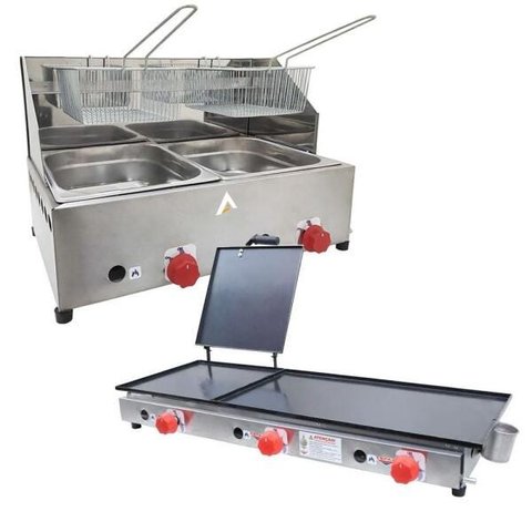 Kit Lanchonete Chapa 90cm com Prensa e Fritadeira Profissional 2 Cubas Alcamar