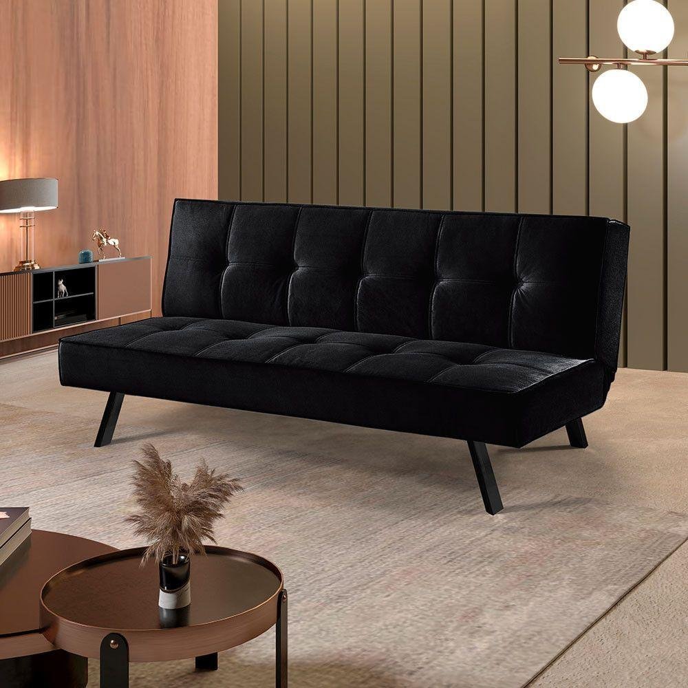 Sofa Cama Atlanta 2 Lugares 177cm Pe Talento Móveis Veludo Paris Preto