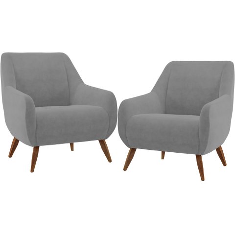 Kit 02 Poltronas Decorativa Fixa Pés de Madeira Paloma D02 Veludo Cinza B-317 - Lyam Decor