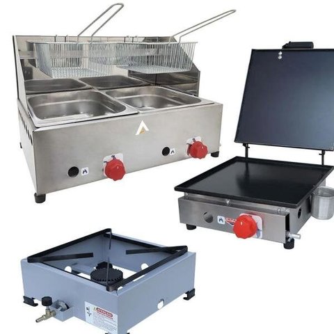 Kit Lanchonete Fogão Portátil 1 Boca + Chapa 30cm com Prensa e Fritadeira Profissional 2 Cubas