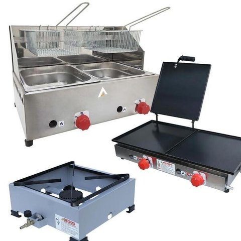 Kit Lanchonete Fogão Portátil 1 Boca + Chapa 60cm com Prensa e Fritadeira 2 Cubas 5 Litros