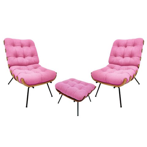 Kit 02 Poltronas e 01 Puff Costela Suede Rosa