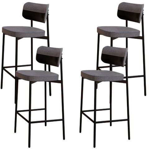 Kit 04 Banquetas Alta Bar Cozinha Sala de Jantar Aço Preto Kaira C01 Linho Cinza Courino Preto - Lya