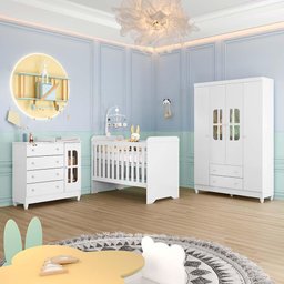 Quarto de Bebê Gabrielle Berço 3 em 1 Guarda Roupa 4 Portas Cômoda Infantil Branco Carolina Baby - 1