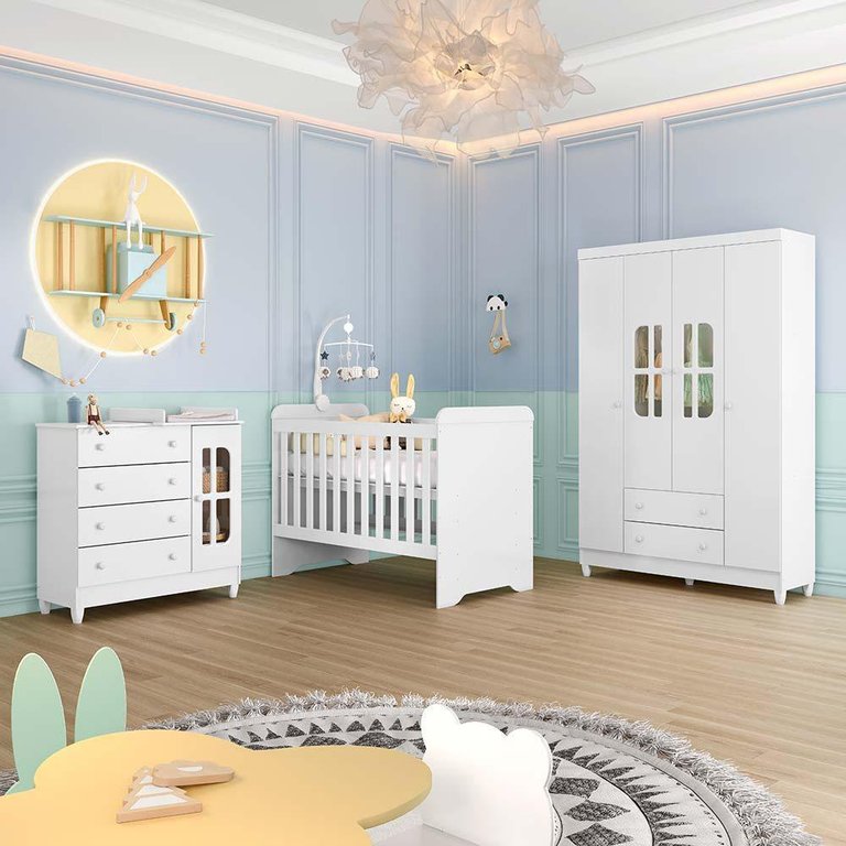 Quarto de Bebê Gabrielle Berço 3 em 1 Guarda Roupa 4 Portas Cômoda Infantil Branco Carolina Baby Quarto de Bebê Gabrielle Berço 3 em 1 Guarda Roupa 4 Portas Cômoda Infantil Branco Carolina Baby