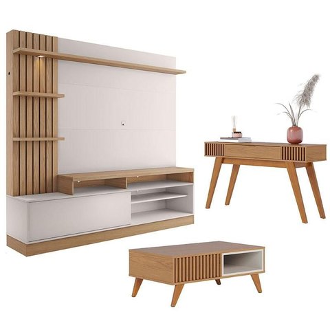 Estante Home Theater Maceió com Mesa de Centro Jeri Freijó Off White e Aparador Riviera Freijó – Col