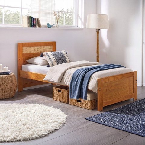 Cama de Solteiro Madeira Maciça com Palha Natural Castanho Claro