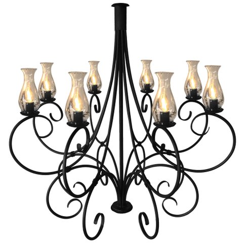 Luminária de Ferro com 8 Bocais Rústica com Cúpulas de Vidro - Preto