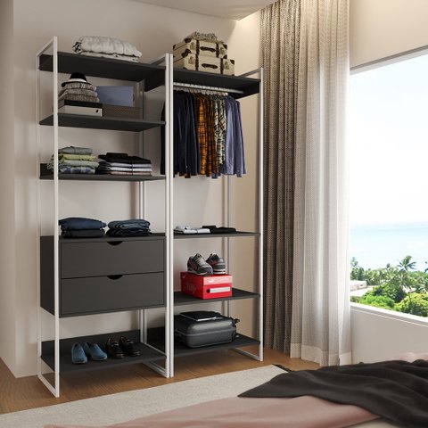 Closet Industrial Casal Loft 2 Módulos Preto Cabideiro com Gavetas Ferro Branco