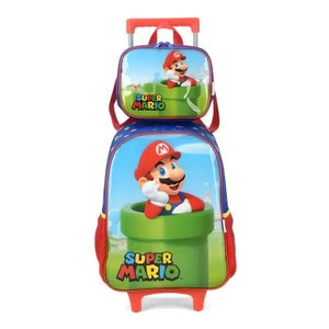 Kit Mochila com Rodas + Lancheira Térmica Infantil Super Mario Vermelho - Luxcel